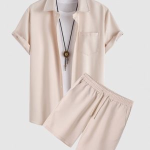 Solid Color Short Sleeves Shirt And Casual Shorts Two Pieces Set