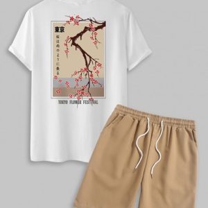 Men's Daily Casual Two Piece Set Plum Blossom Japanese TOKYO FLOWER FESTIVAL Pattern Short Sleeves Crew Neck T-shirt With Solid Color Basic Casual Shorts Set