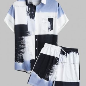 Men's Casual Colorblock Painting Print Button Up Short Sleeves Summer Vacation Shirt And Beach Drawstring Pockets Board Shorts Set