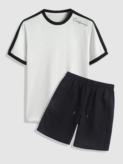 Men's Colorblock California Letter Pattern Short Sleeves T-shirt And Basic Casual Shorts Set