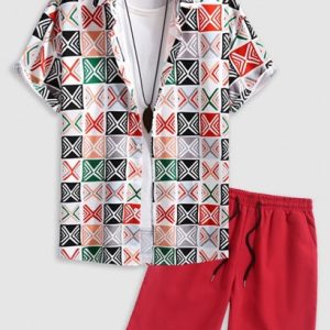 Men's Geometric Print Colorblock Casual Beach Vacation Short Sleeves Shirt And Basic Shorts Set