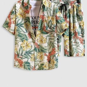 Men's Summer Beach Vacation Matching Co Ord Tropical Leaves Plant Floral Print Short Sleeves Front Pocket Two Piece Hawaii Shirt And Drawstring Pockets Bermuda Shorts Set