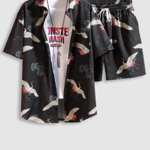 Men's Beach Vacation Matching Co Ord Chinese Style Crane Floral Print Short Sleeve Button Up Shirt And Drawstring Pockets Shorts Two Piece Set