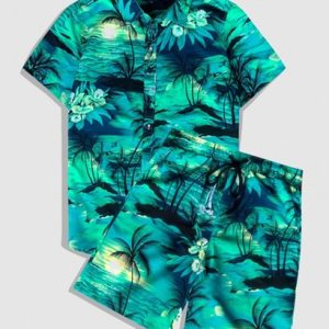 Men's Hawaiian Coconut Trees Sun Printed Button Front Short Sleeves Shirt And Drawstring Shorts Vacation Beach Set