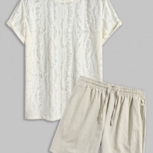 Men's Casual Party Short Sleeves See Through Distressed Textured Summer T Shirt And Basic Cotton And Linen Drawstring Shorts Set