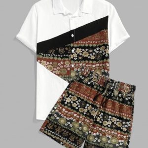 Floral Shirt And Drawstring Pockets Shorts Set