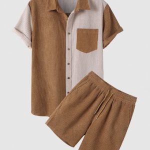 Colorblock Front Pocket Corduroy Short Sleeves Shirt And Drawstring Shorts Set