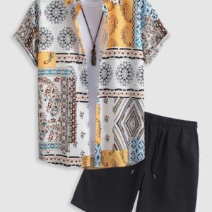 Retro Floral Print Patternblock Beach Vacation Shirt With Basic Casual Shorts Set