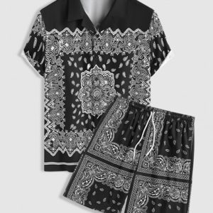 Ethnic Style Paisley Printed Camp Collar Shirt With Drawstring Board Shorts Set