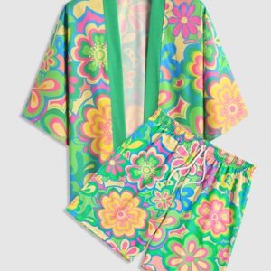 Colorful Floral Pattern Open Front Kimono With Vacation Beach Shorts Set