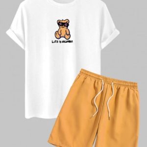Men's Sunglasses Bear Slogan Print Short Sleeve T Shirt And Basic Casual Shorts Set
