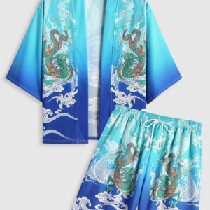 Men's Vacation Beach Co Ord Chinese Style Dragon Cloud Pattern Open Front Kimono With Drawstring Board Shorts Set