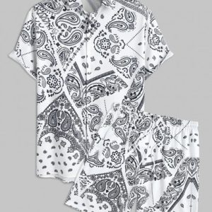 Men's Beach Vacation Ethnic Paisley Floral Patchwork Scarf Print Button Up Short Sleeve Shirt And Drawstring Pocket Bermuda Shorts Set