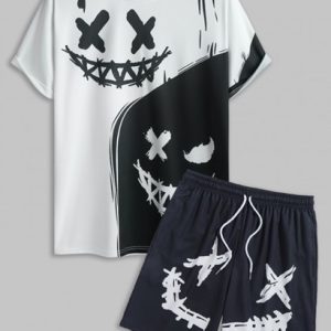 Men's Evil Smile Face Print Colorblock Two Tone Crew Neck Casual Short Sleeve T Shirt And Streetwear Cartoon Drawstring Board Shorts Set
