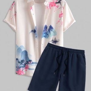 Landscape Painting Oriental Short Sleeves Shirt With Basic Casual Shorts Set