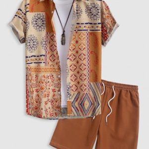 Retro Floral Print Patternblock Beach Vacation Shirt And Basic Casual Shorts Set