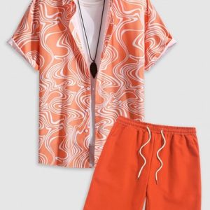 Men's Casual Water Wave Pattern Short Sleeves Button Front Vacation Beach Shirt And Basic Shorts Set