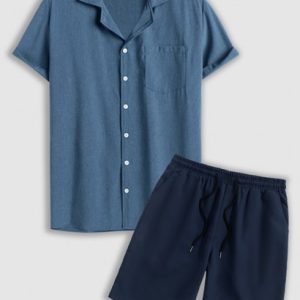 Men's Lapel Collar Short Sleeves Front Pocket Design Button Up Casual Shirt And Basic Casual Shorts Set