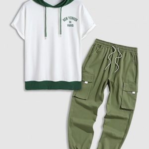 NEW YORKER IN PARIS Pattern Color Spliced Hooded Tee And Techwear Cargo Pants Set