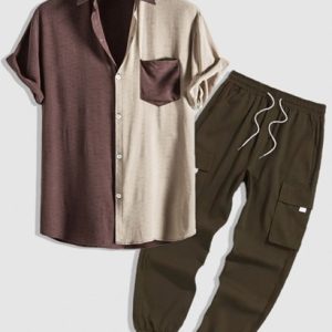 Two Tone Colorblock Short Sleeves Shirt And Beam Feet Cargo Pants Set