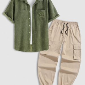 Smile Face Embroidered Pocket Corduroy Shirt And Drawstring Ankle Cargo Pants Set
