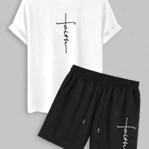 Men's Daily Casual Two Piece Set Faith Letter Printed Short Sleeves Crew Neck T-shirt With Drawstring Pocket Bermuda Shorts Set