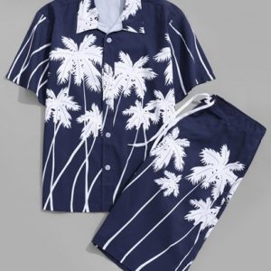 Tropical Coconut Palm Printed Hawaii Shirt And Beach Shorts Two Pieces Set