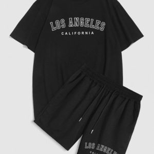 LOS ANGELES Letter Printed T-shirt And Drawstring Shorts Set