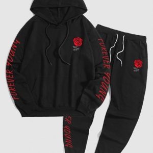 Letter And Rose Printed Pullover Hoodie And Drawstring Jogger Pants Set Outfit