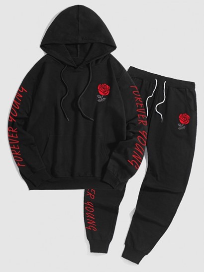 Letter And Rose Printed Pullover Hoodie And Drawstring Jogger Pants Set Outfit