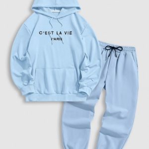 Letter C'EST LA VIE PARIS Embroidery Essentials Hoodie And Drawstring Pocket Jogger Pants Set