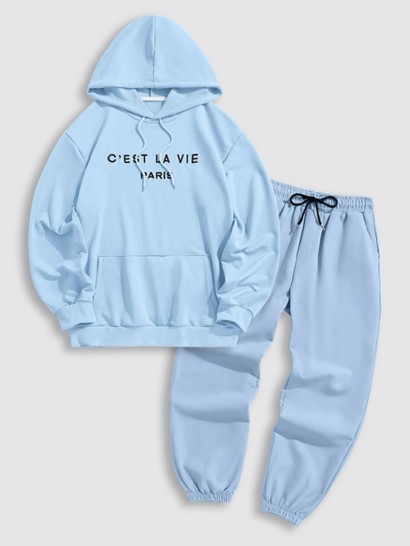 Letter C'EST LA VIE PARIS Embroidery Essentials Hoodie And Drawstring Pocket Jogger Pants Set