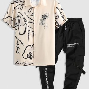Two Tone Graffiti Rose Printed Shirt And Letter Print Cargo Jogger Pants Set