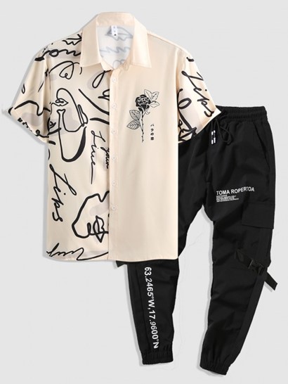 Two Tone Graffiti Rose Printed Shirt And Letter Print Cargo Jogger Pants Set