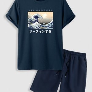 Japanese Sea Waves Pattern Short Sleeves T-shirt With Basic Casual Shorts Set