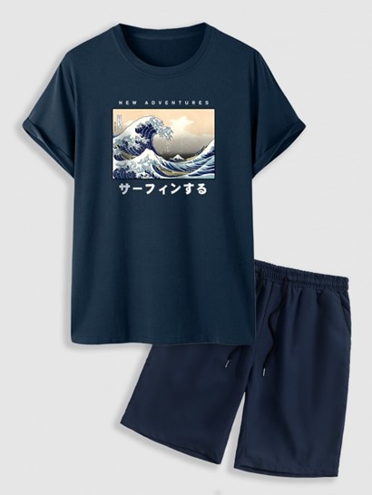Japanese Sea Waves Pattern Short Sleeves T-shirt With Basic Casual Shorts Set