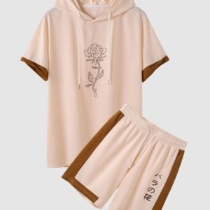 Color Spliced Rose Printed Hooded T-shirt And Japanese Printed Drawstring Shorts Set