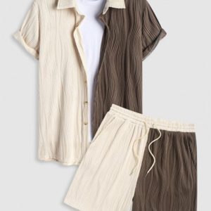 Two Tone Colorblock Textured Shirt With Shorts Set
