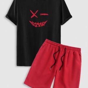 Men's Athleisure Outfits Casual Smile Face Grimace Graphic Printed Short Sleeves T-shirt And Basic Shorts Set