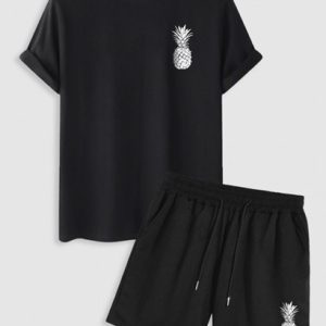 Men's Fruit Pineapple Printed Short Sleeves T-shirt And Drawstring Shorts Set