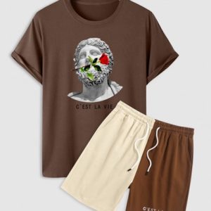 Men's Casual Sculpture Floral Rose Graphic Printed Short Sleeve T-shirt And Half And Half Two Tone C'EST LA VIE PARIS Embroidery Pocket Shorts Set