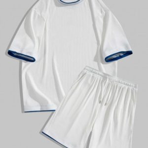 Color Spliced Iced Silk Textured Short Sleeves T-shirt And Shorts Set