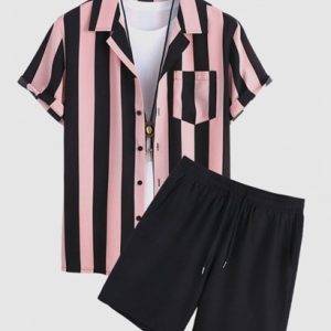 Men's Lapel Collar Short Sleeves Vertical Striped Colorblock Shirt With Basic Drawstring Shorts Set