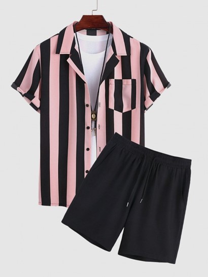 Men's Lapel Collar Short Sleeves Vertical Striped Colorblock Shirt With Basic Drawstring Shorts Set