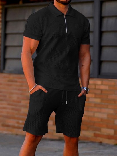 Geometric Jacquard Textured Polo Collar T-shirt And Shorts Sports Set - Image 2