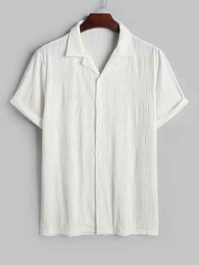 Men's Solid Color Water Ripple Jacquard Button Front Short Sleeves Shirt And Textured Knitted Sports Casual Shorts Set - Image 2