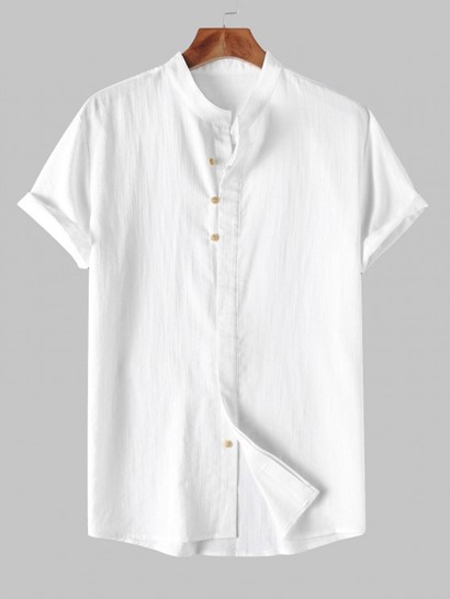 Men's Stand Collar Solid Color Buttons Short Sleeves High Low Casual Shirt And Cotton And Linen Textured Cuffed Shorts Set - Image 2