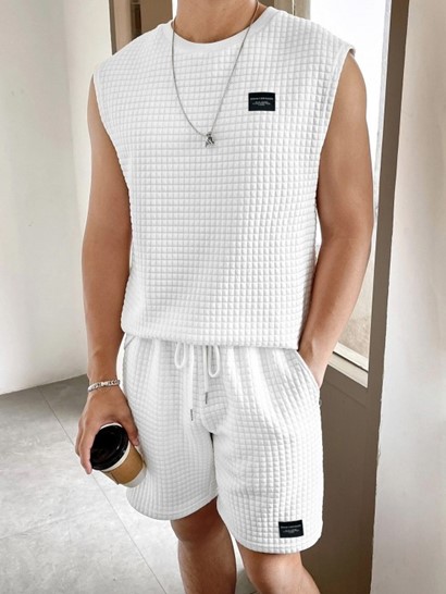 Solid Color Textured Tank Top And Shorts Sports Set - Image 2