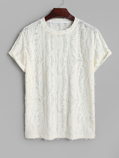 Men's Casual Party Short Sleeves See Through Distressed Textured Summer T Shirt And Basic Cotton And Linen Drawstring Shorts Set - Image 2