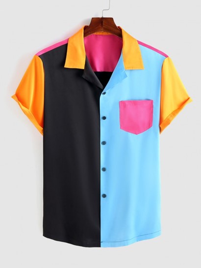 Colorblock Satin Pocket Shirt And Flap Pocket Drawstring Cargo Pants Set - Image 2